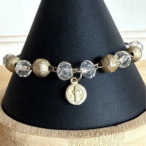 Gold & Clear Beaded Bracelet With Angel & Religious Charms 7" Lobster Clasp